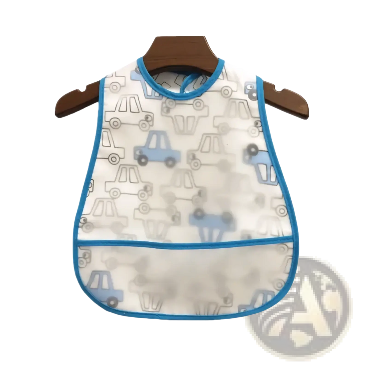White waterproof eva baby bib with blue trim and cartoon car pattern hanging on wooden hanger for feeding use