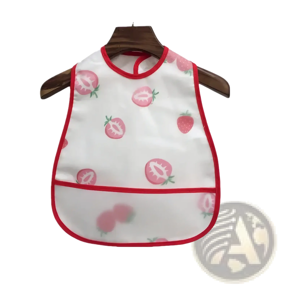 Waterproof baby bib white with strawberry pattern red trim front pocket eva cartoon feeding apron