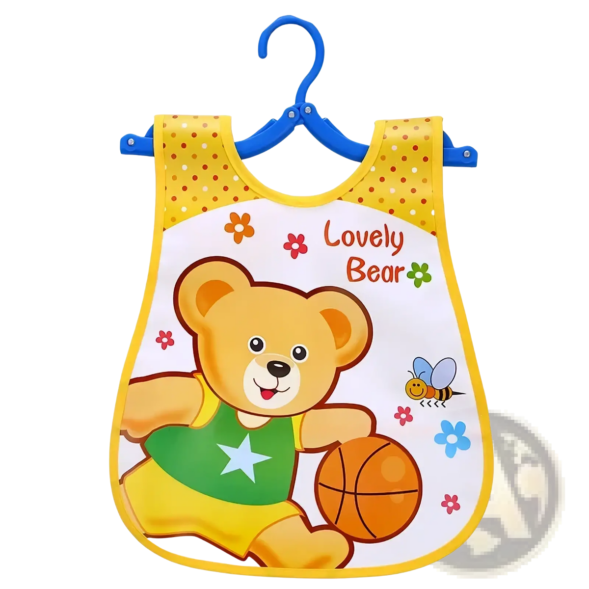 Yellow and white waterproof baby bib with cartoon bear design and polka dot shoulder straps for feeding use