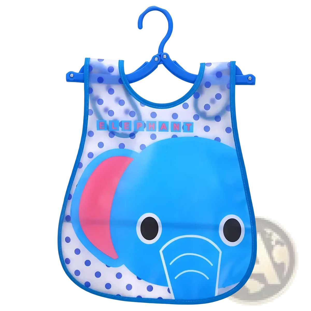 Waterproof baby bib made of eva with a blue elephant theme pink ears white polka dots and colorful elephant lettering