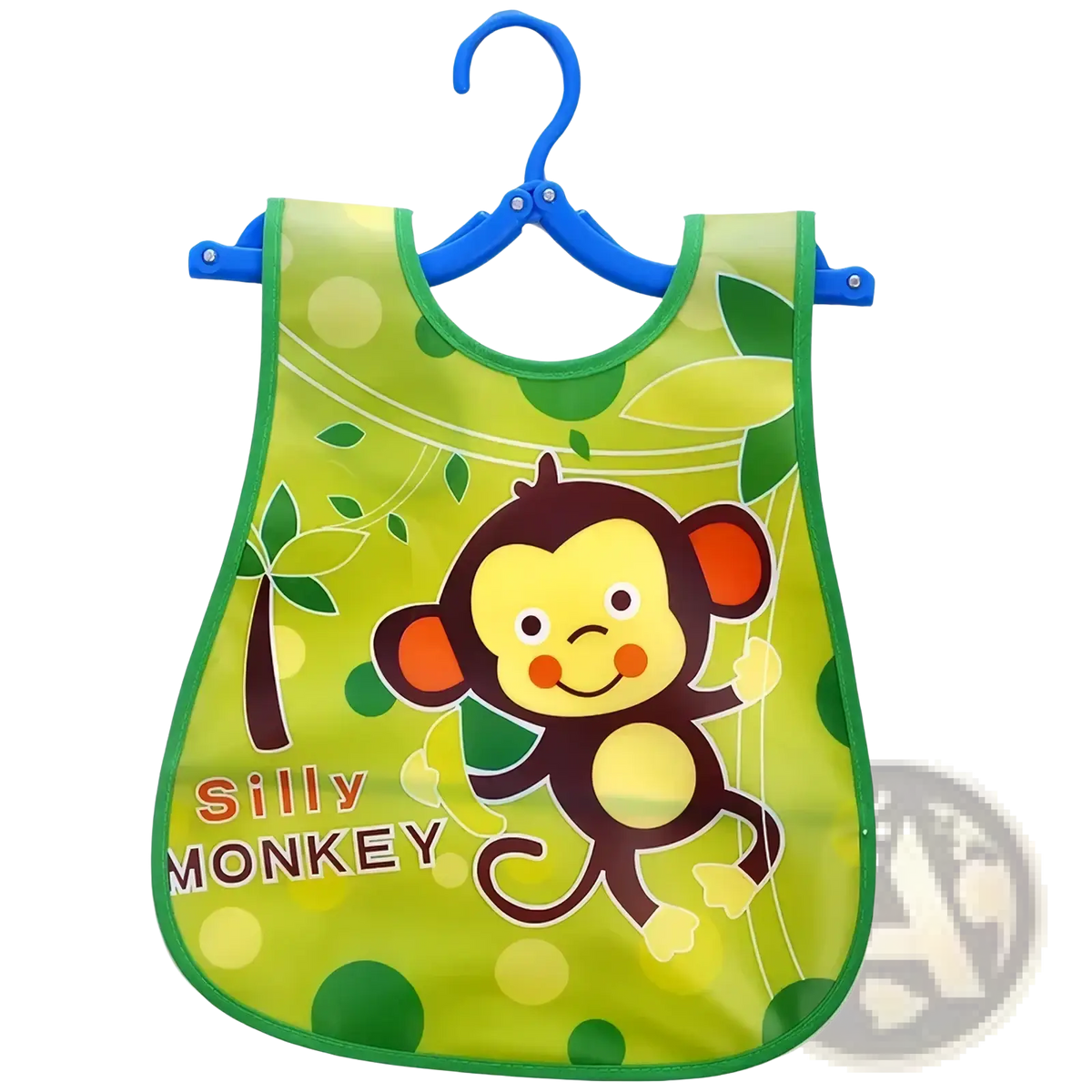 Waterproof baby bib in green and yellow featuring a cheerful cartoon monkey design made from eva material