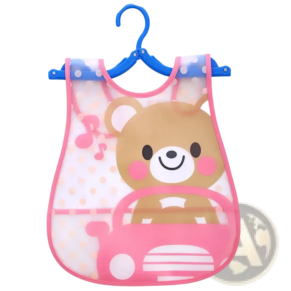 Pink transparent waterproof baby bib made of eva with cartoon bear driving pink car and polka dot pattern hanging on blue hanger