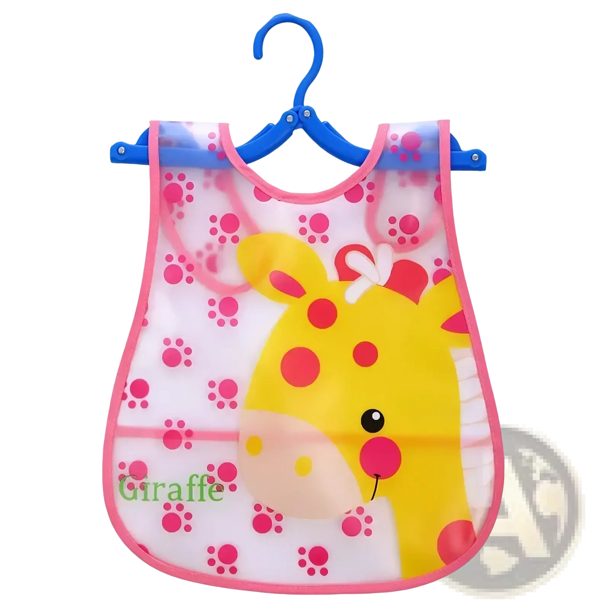A transparent pink-trimmed waterproof eva baby bib with a cheerful yellow giraffe and pink paw prints