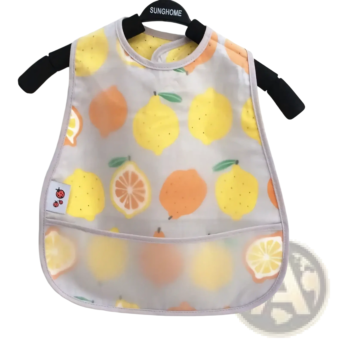 Transparent waterproof baby bib with lemon and orange pattern gray trim and ladybug patch for feeding use