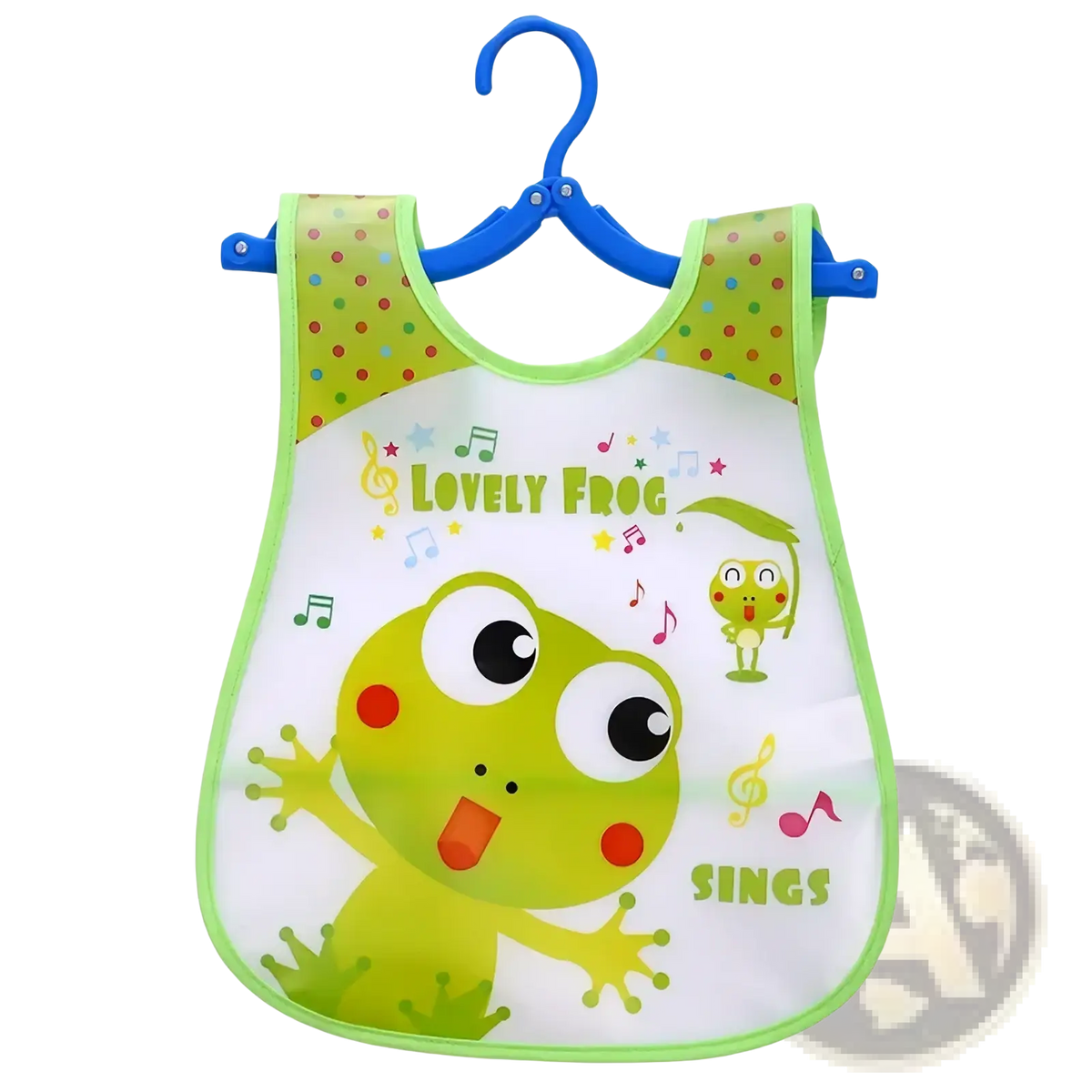 Waterproof baby bib eva feeding apron in green with transparent center and lovely frog sings design with musical notes