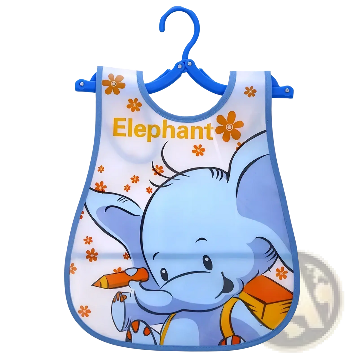 Waterproof baby bib eva cartoon feeding apron in blue with orange floral accents and yellow elephant print
