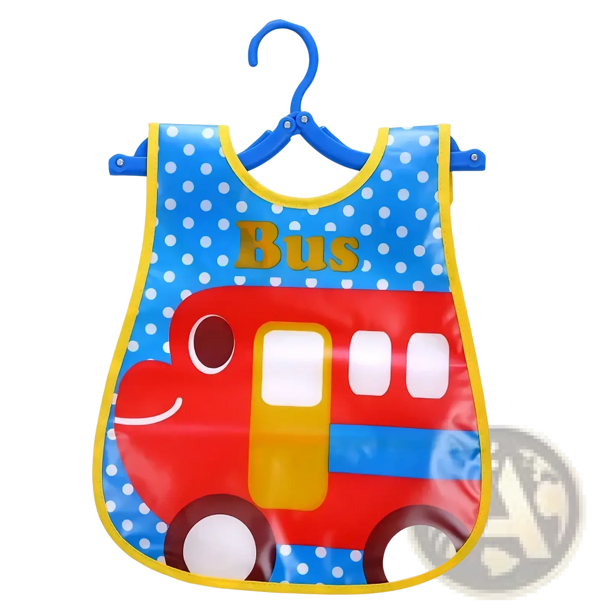 Waterproof blue polka-dotted eva baby bib with red bus design and yellow trim hanging on blue plastic hanger