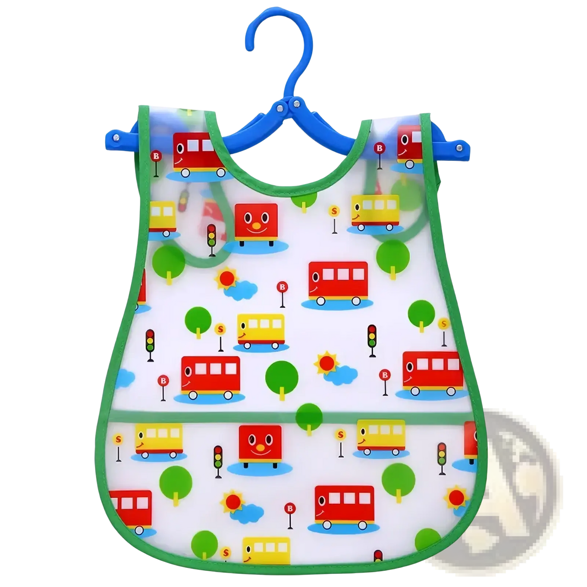 Waterproof baby bib with colorful bus and traffic pattern on clear eva material framed by green trim for feeding