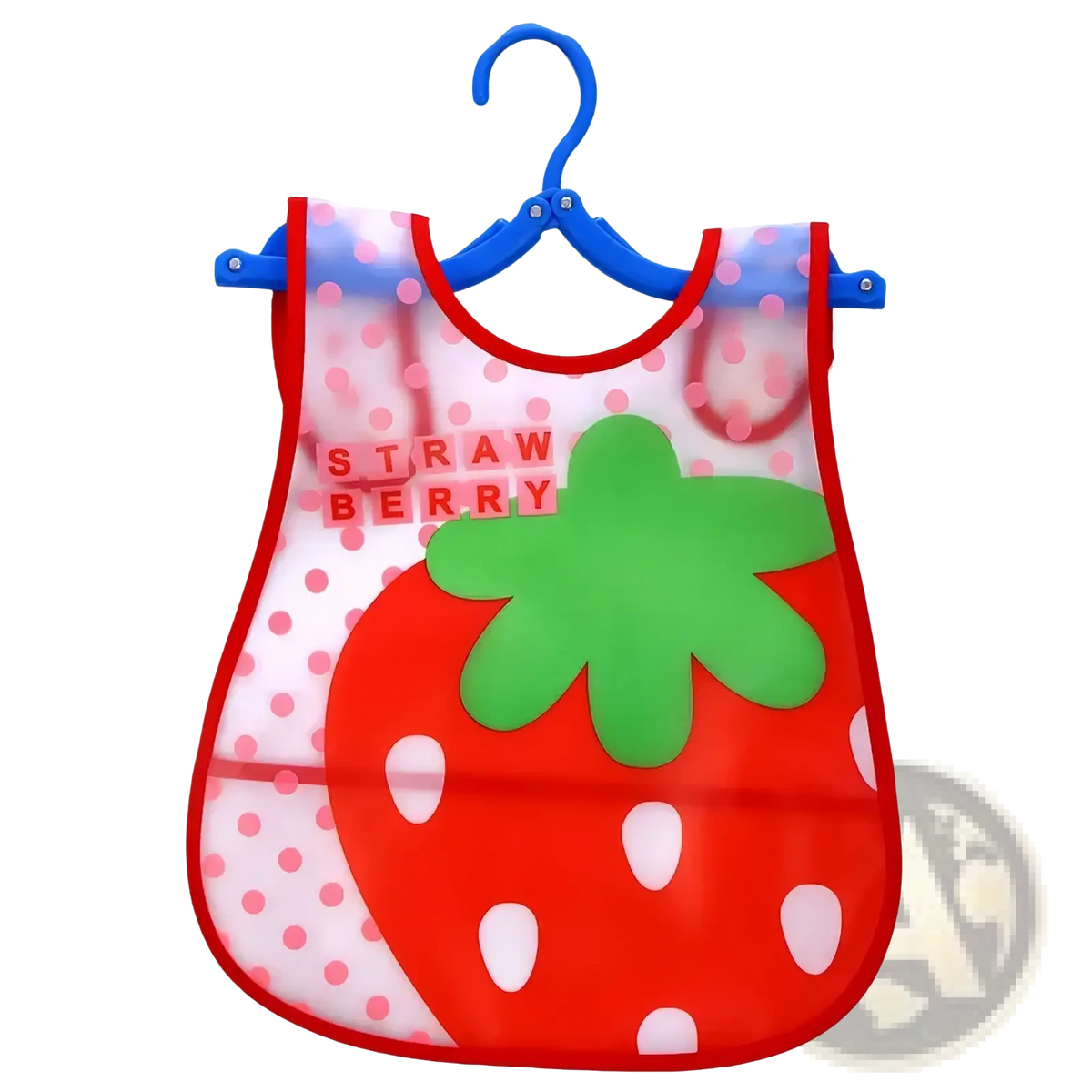 Waterproof baby bib eva feeding apron in red and green with strawberry theme pink polka dots and block letters