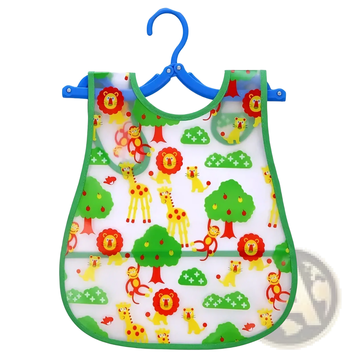 A clear plastic waterproof baby bib with green trim featuring colorful cartoon lions giraffes and monkeys for feeding