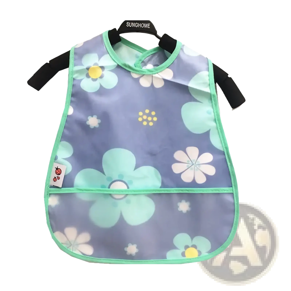 Translucent lavender waterproof baby bib with floral pattern, lime green trim, and black arm straps for feeding