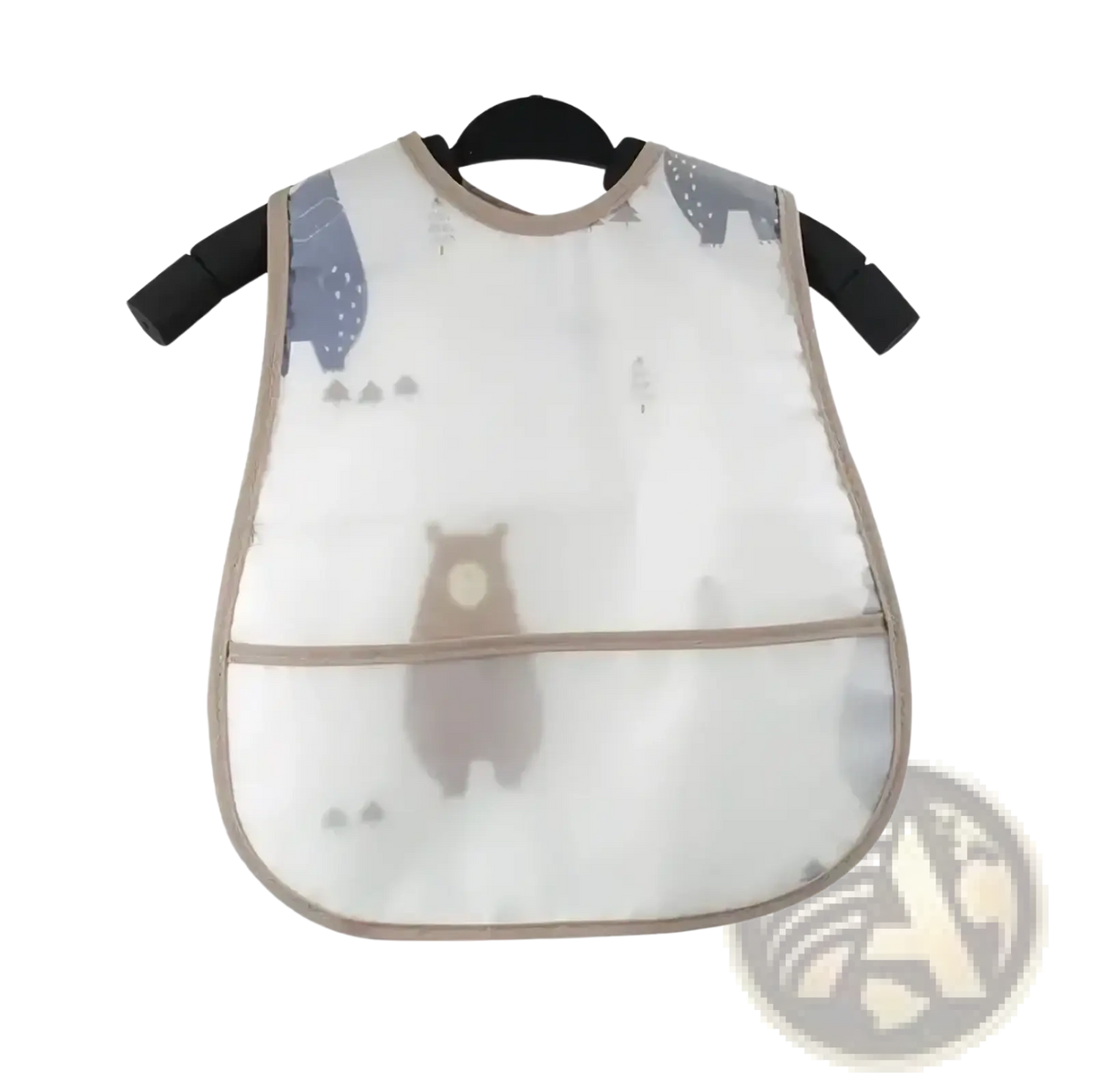 A transparent waterproof baby bib with a cute bear and tree pattern in soft gray tones and beige trim