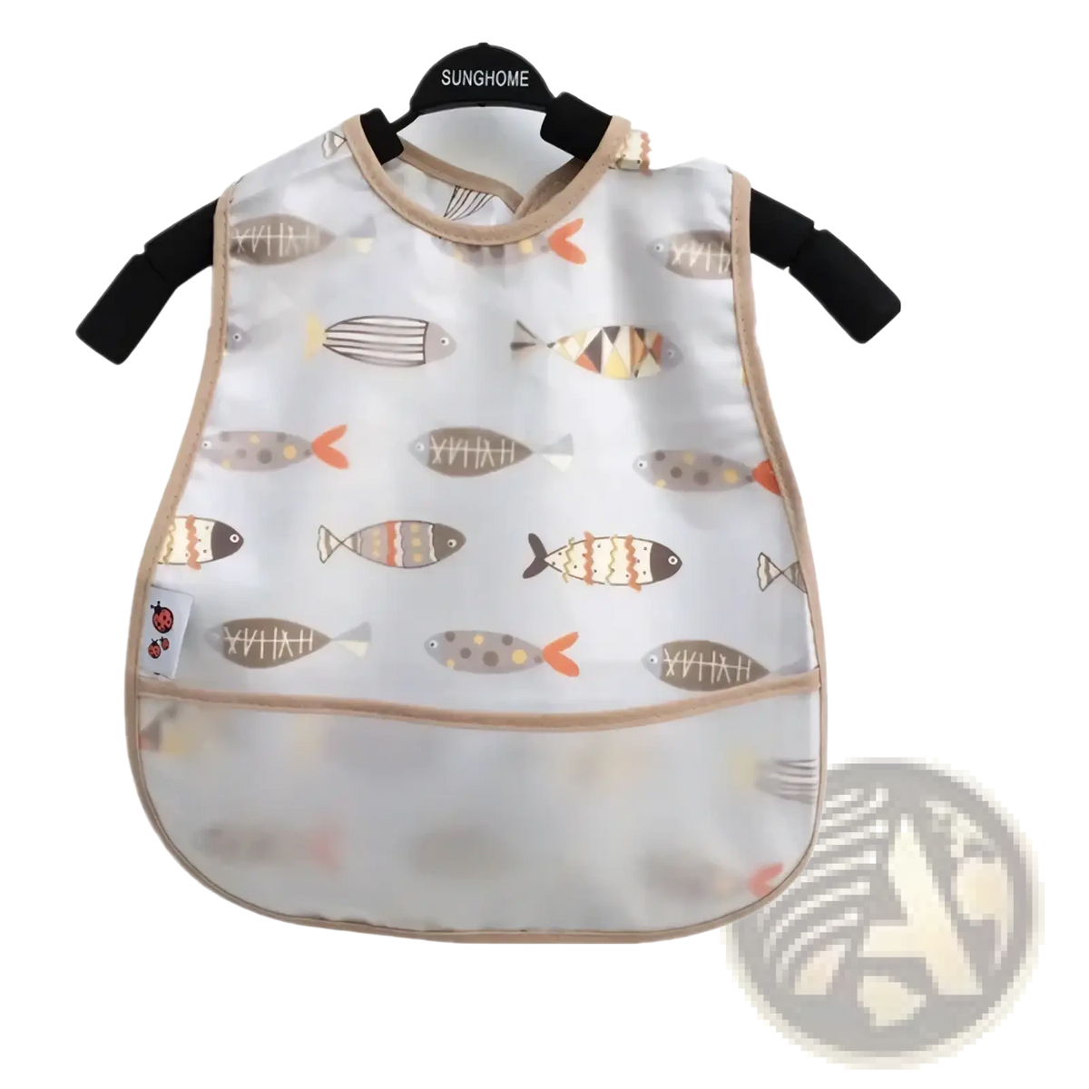 Transparent plastic waterproof baby bib with playful fish pattern in earthy tones and black beige trim for feeding