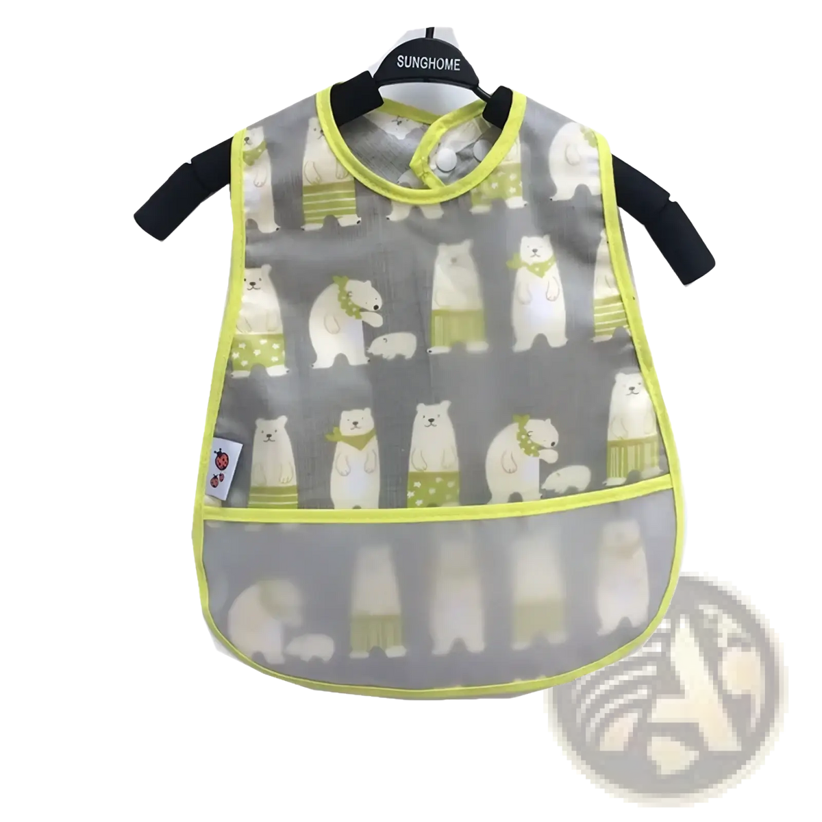 A gray transparent waterproof baby bib made of eva with polar bear pattern and lime green trim for feeding use