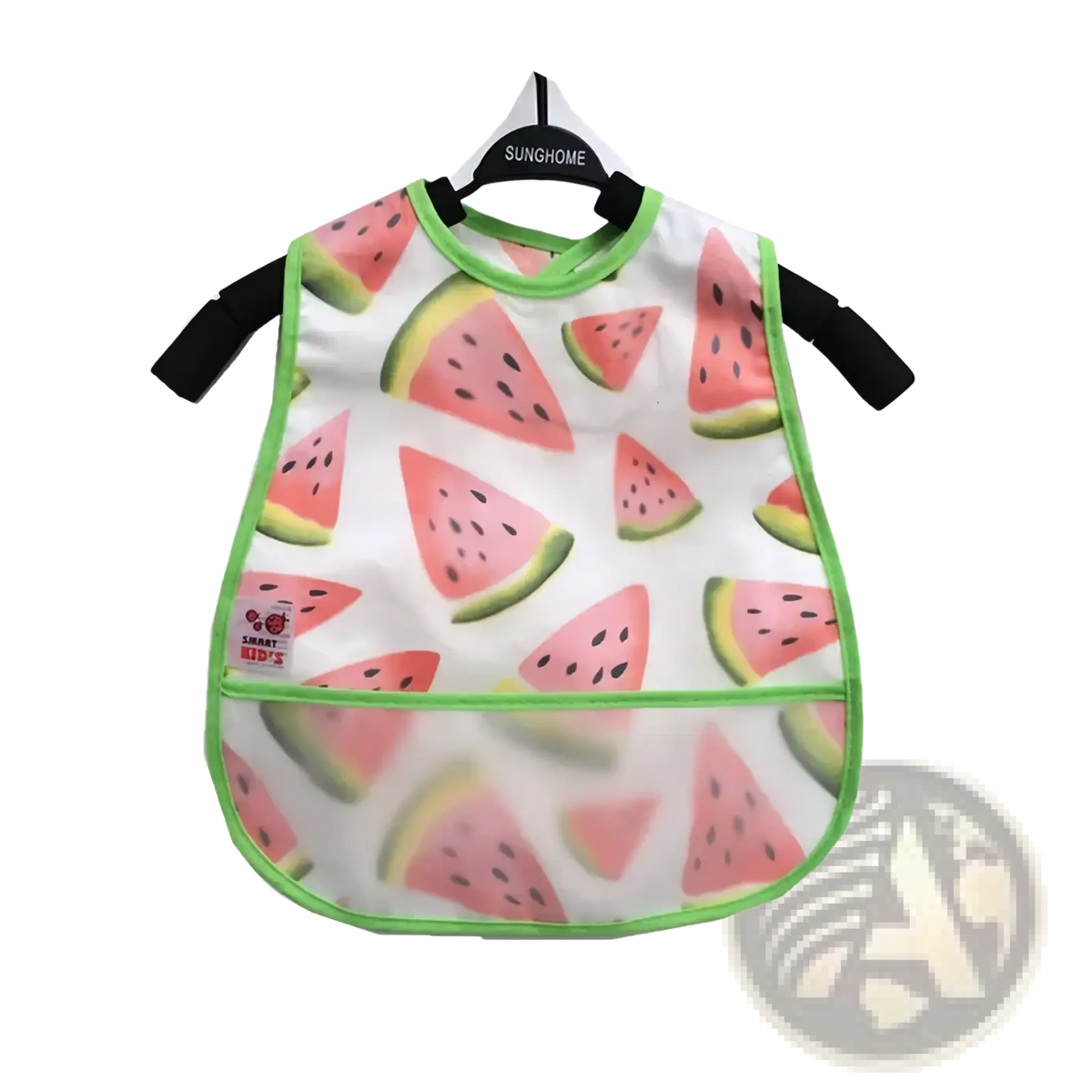 Waterproof baby bib white eva material with playful watermelon pattern bright green trim and short black sleeves