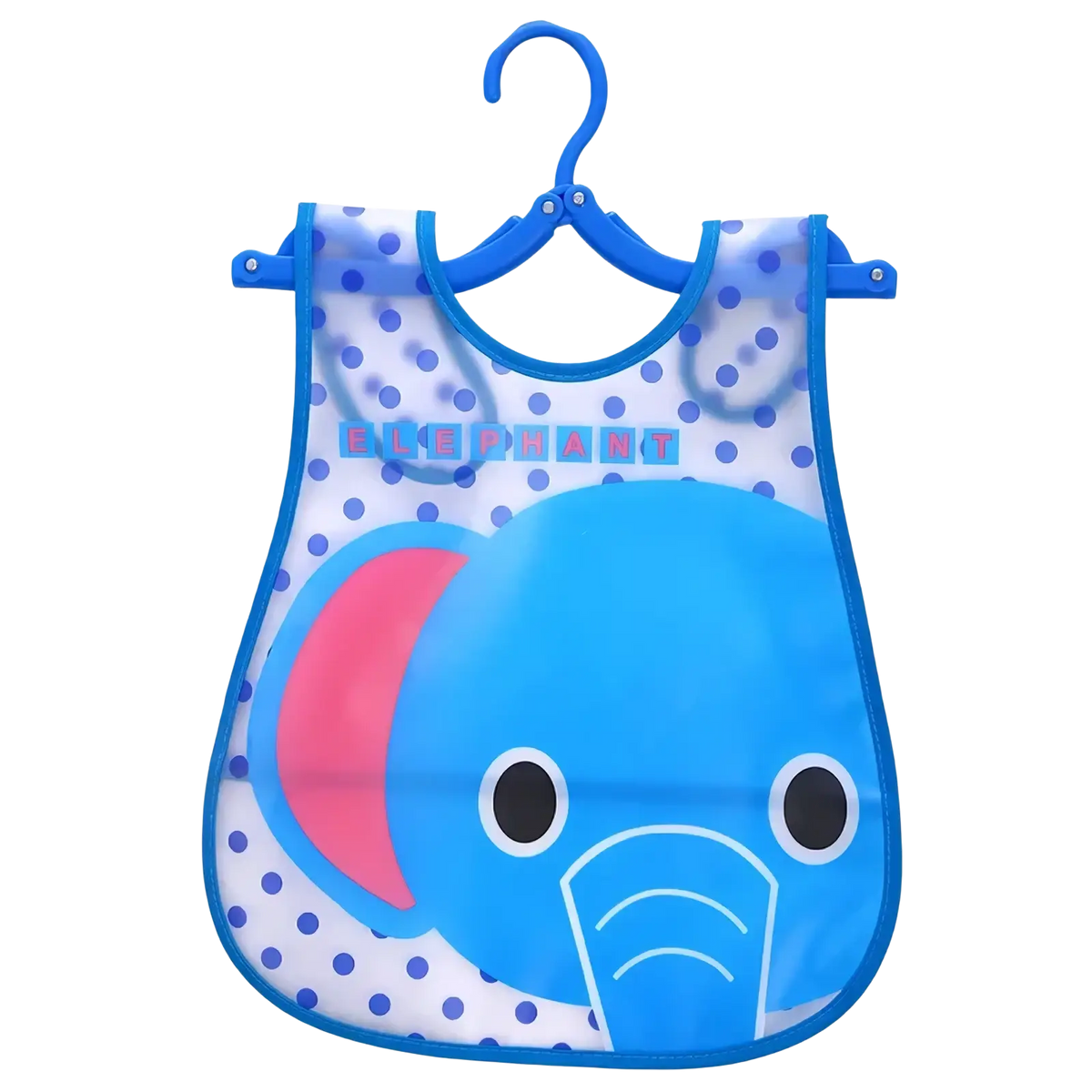 Waterproof baby bib made of eva with a blue elephant theme pink ears white polka dots and colorful elephant lettering