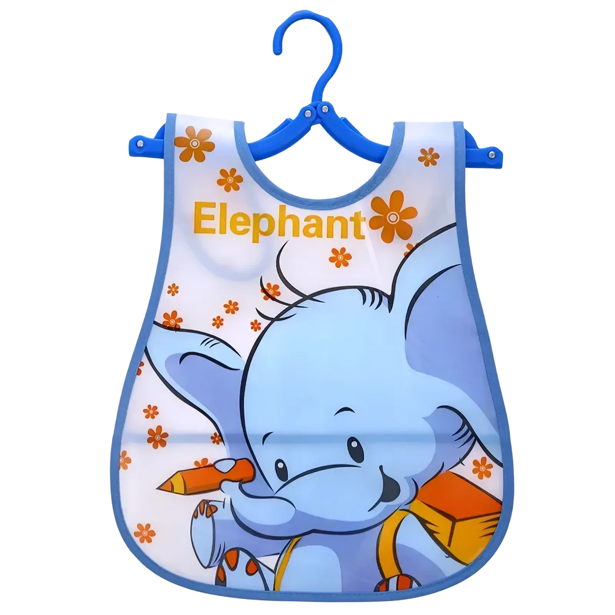Waterproof baby bib eva cartoon feeding apron in blue with orange floral accents and yellow elephant print