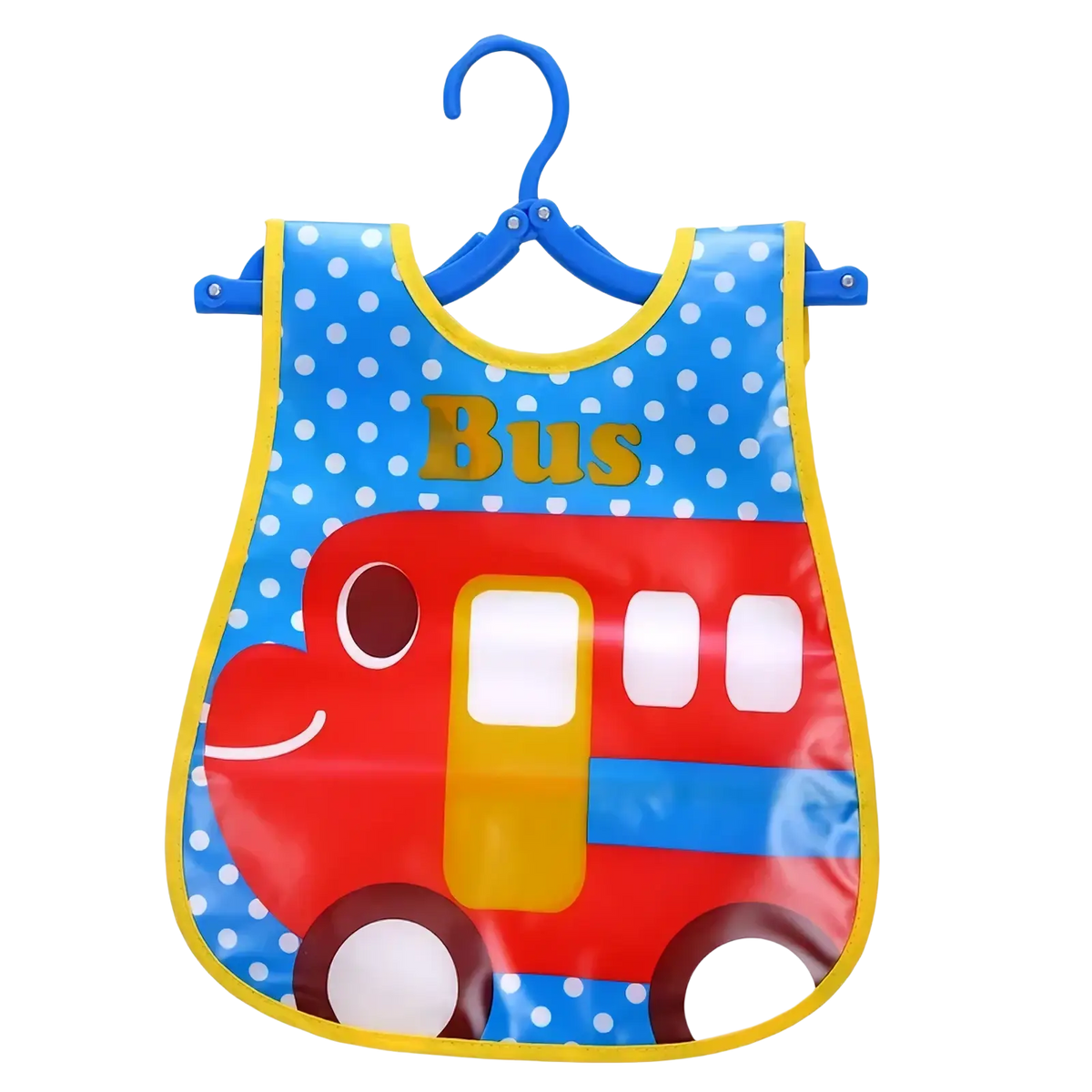 Waterproof blue polka-dotted eva baby bib with red bus design and yellow trim hanging on blue plastic hanger