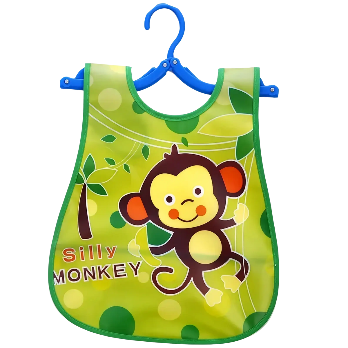 Waterproof baby bib in green and yellow featuring a cheerful cartoon monkey design made from eva material