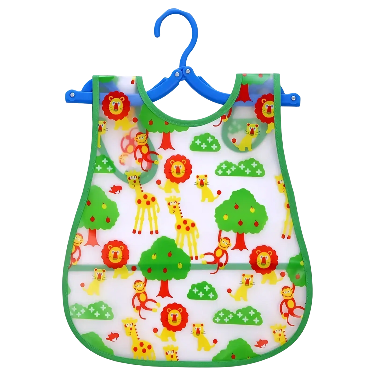 A clear plastic waterproof baby bib with green trim featuring colorful cartoon lions giraffes and monkeys for feeding