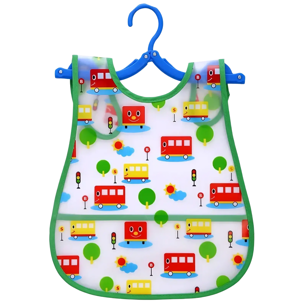 Waterproof baby bib with colorful bus and traffic pattern on clear eva material framed by green trim for feeding
