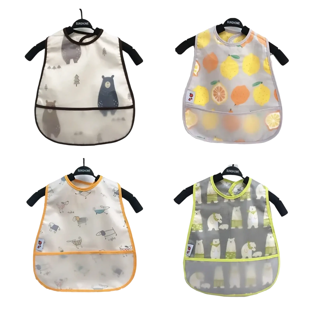 Waterproof baby bibs eva cartoon feeding apron with transparent panels black and colored trim featuring animal and fruit designs