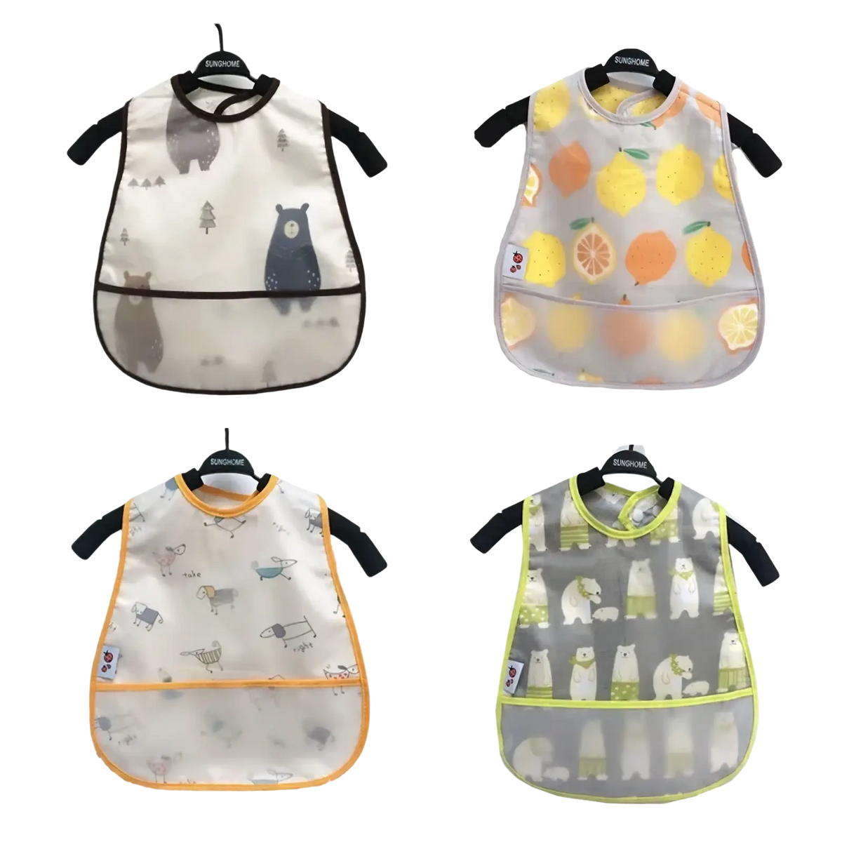 Waterproof baby bibs eva cartoon feeding apron with transparent panels black and colored trim featuring animal and fruit designs