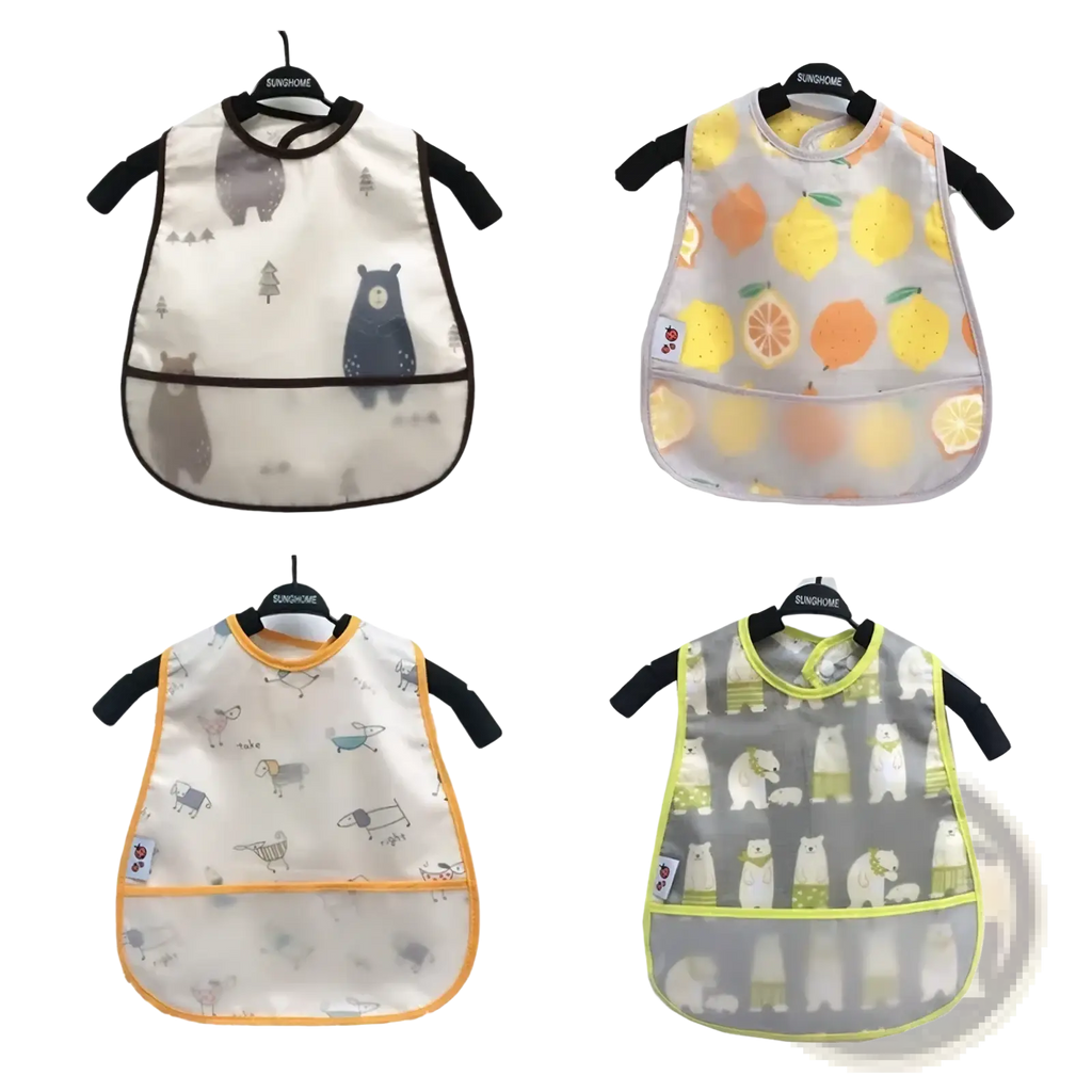 Waterproof baby bibs eva cartoon feeding apron with transparent panels black and colored trim featuring animal and fruit designs
