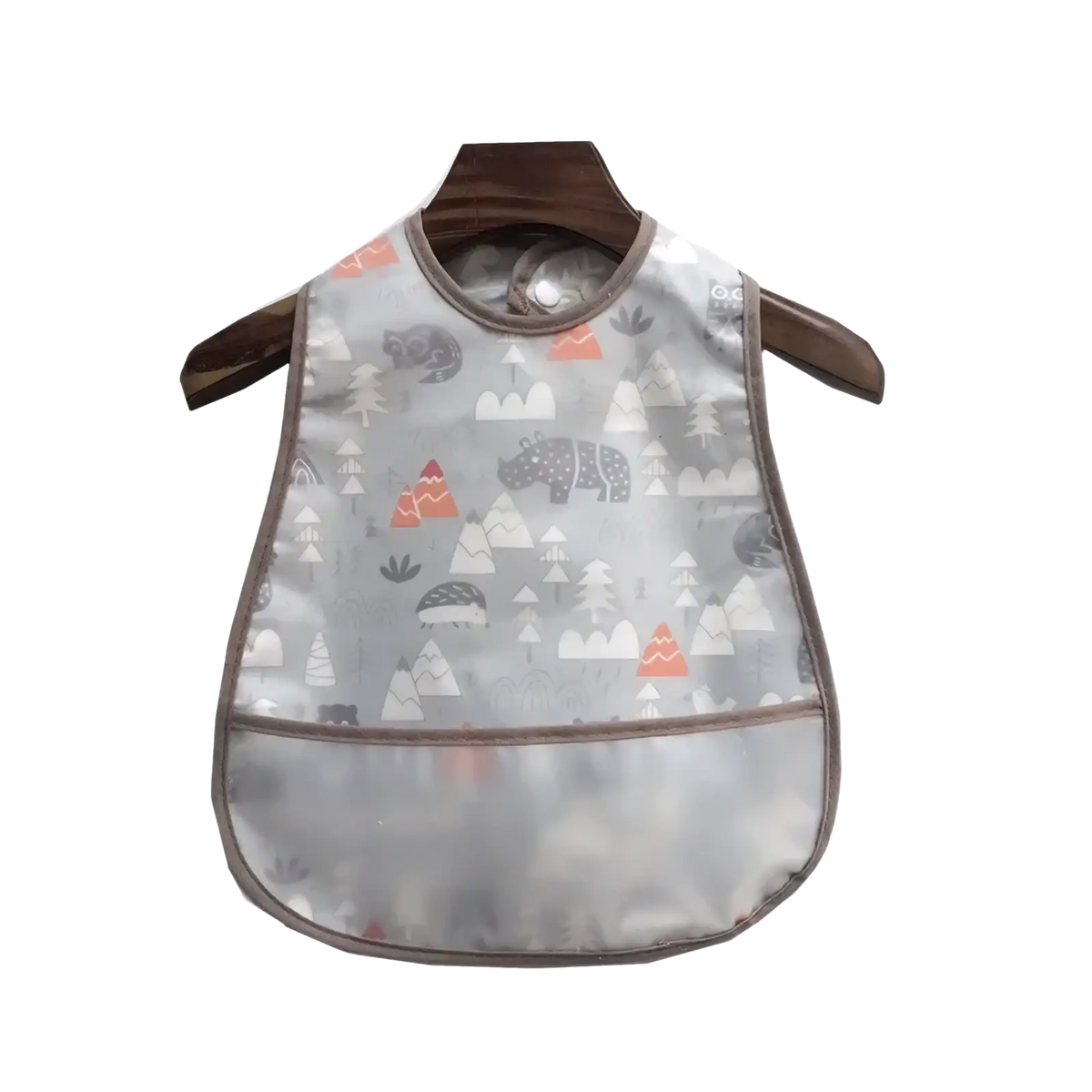 Gray and orange waterproof baby bib with cartoon bears and trees on a clear plastic front panel for feeding use