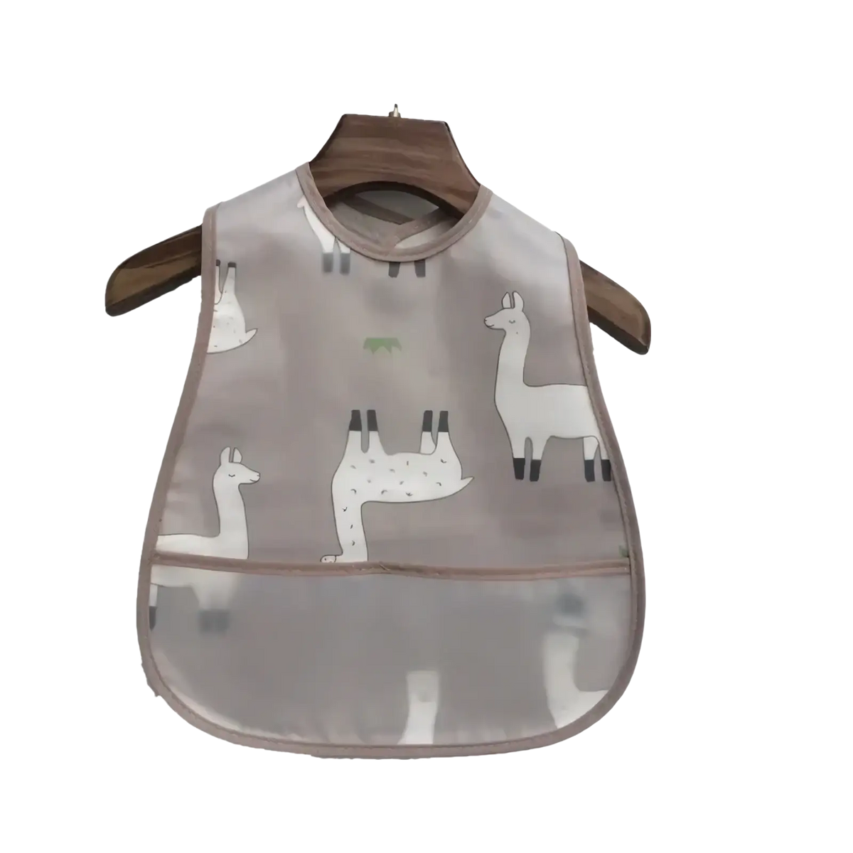 Waterproof gray transparent baby bib with playful alpaca print and reinforced edges for feeding protection