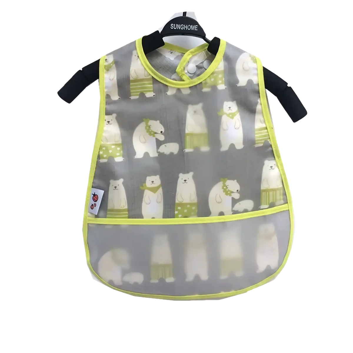 A gray transparent waterproof baby bib made of eva with polar bear pattern and lime green trim for feeding use