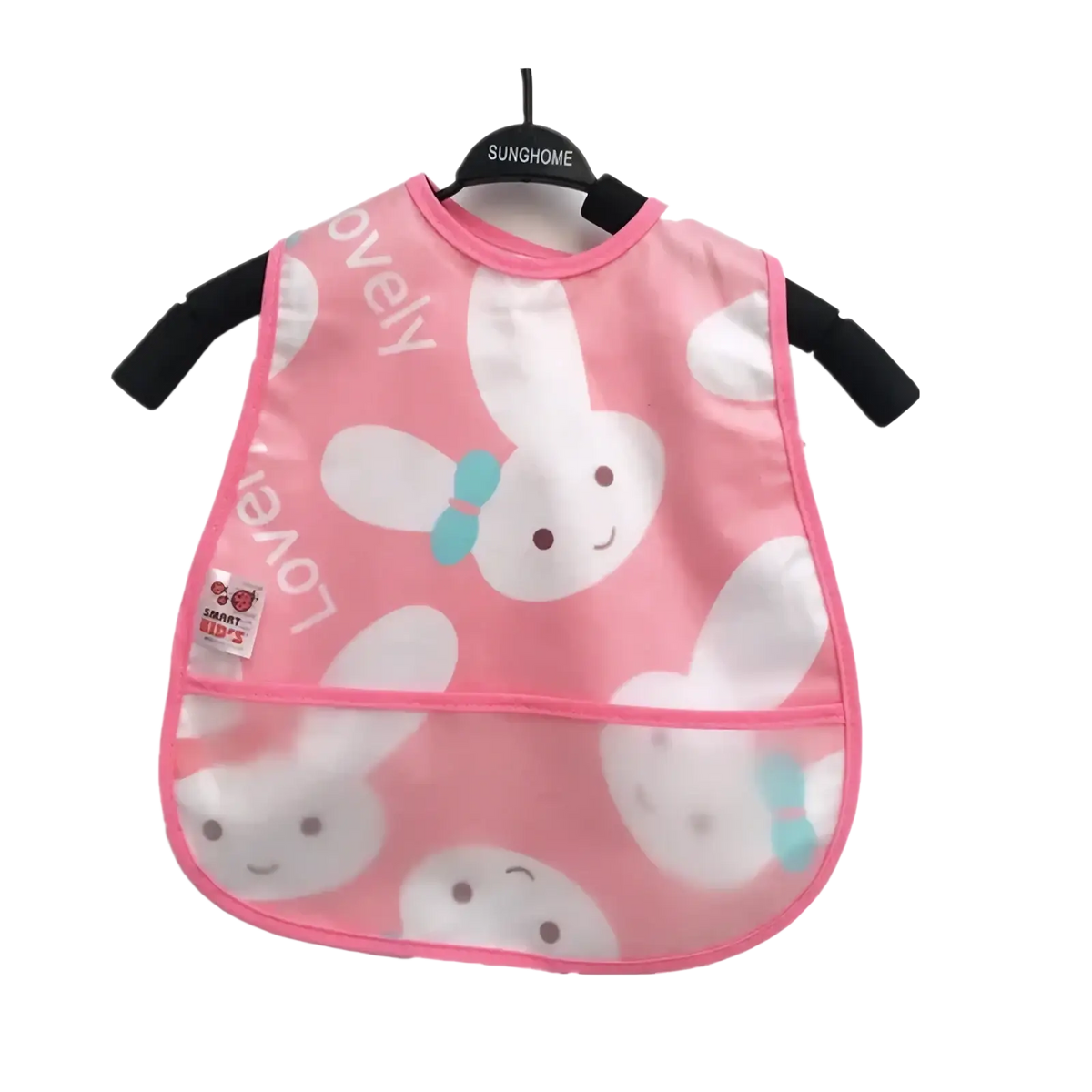 Pink waterproof baby bib with transparent plastic front panel featuring white bunny faces and light blue bows for feeding