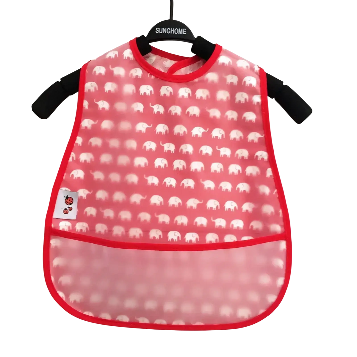 Pink waterproof baby bib with elephant pattern red trim and transparent eva lower section for feeding use