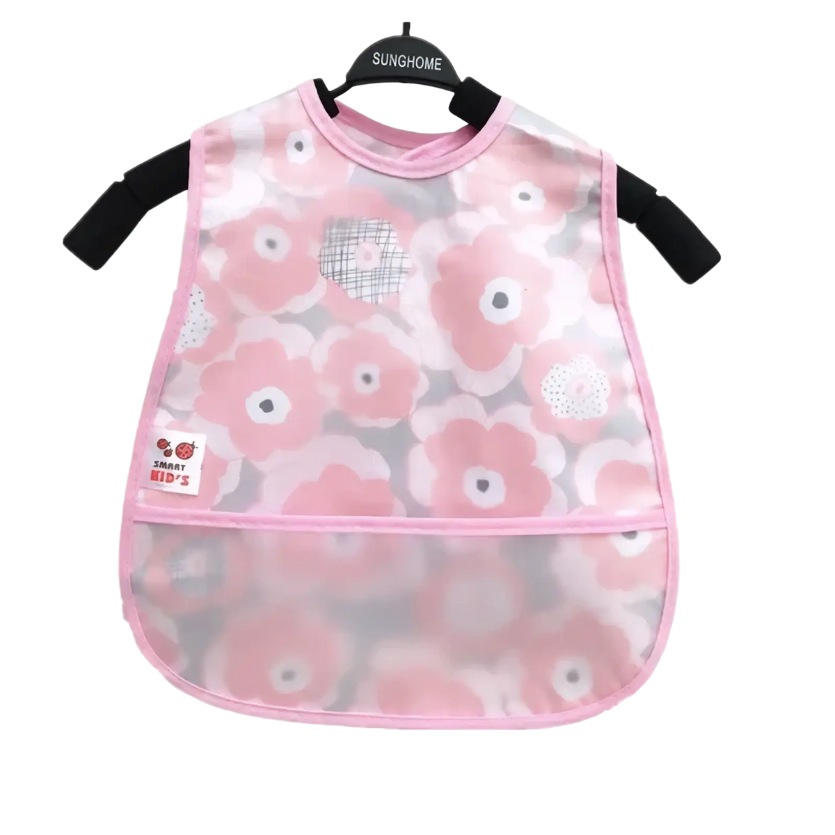 Pink floral-patterned transparent waterproof baby bib made of EVA with black elastic straps and front pocket by smart kids