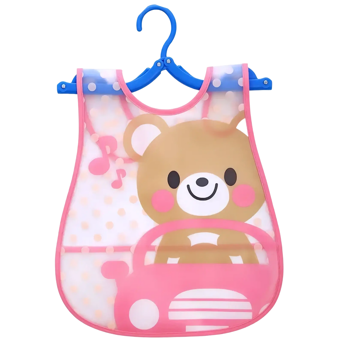 Pink transparent waterproof baby bib made of eva with cartoon bear driving pink car and polka dot pattern hanging on blue hanger