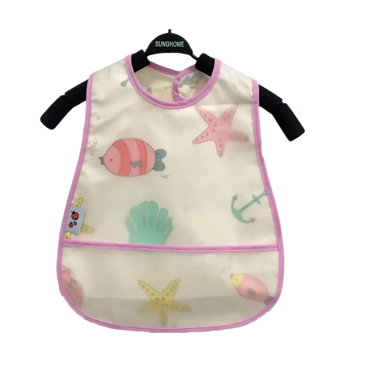 Waterproof eva baby bib with pink trim and colorful sea creature prints designed for feeding protection