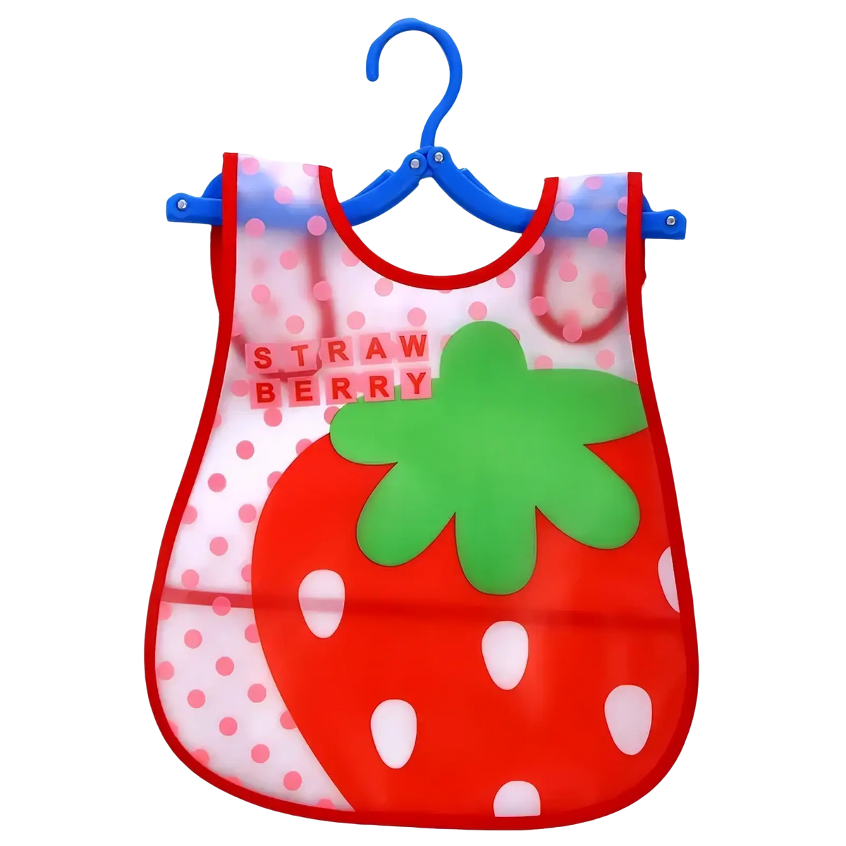 Waterproof baby bib eva feeding apron in red and green with strawberry theme pink polka dots and block letters