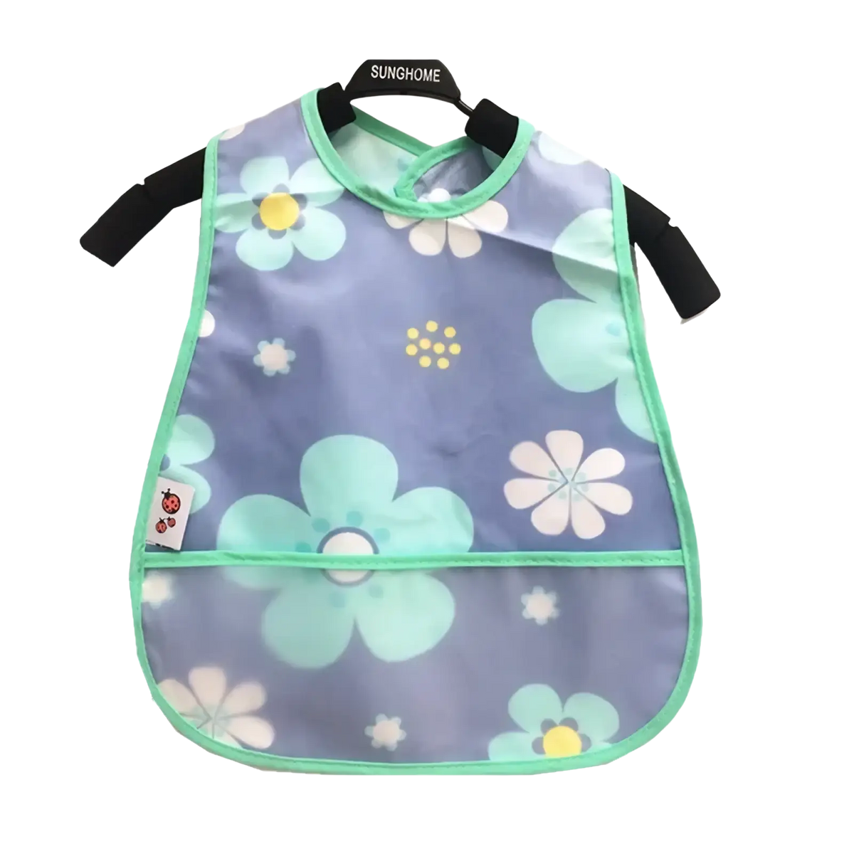 Translucent lavender waterproof baby bib with floral pattern, lime green trim, and black arm straps for feeding