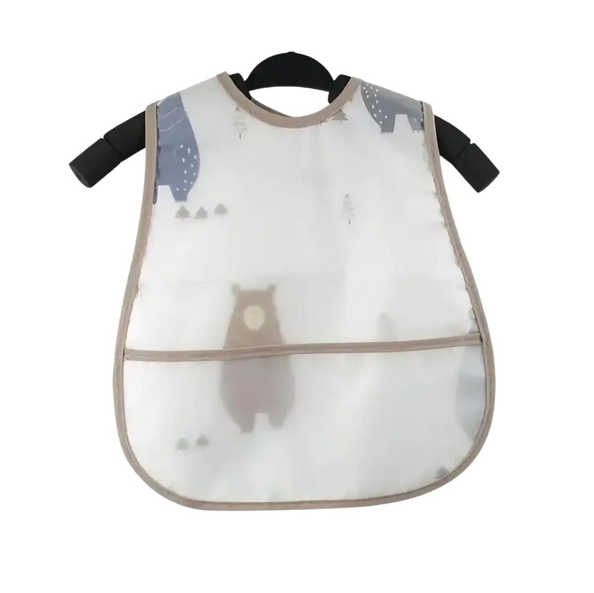 A transparent waterproof baby bib with a cute bear and tree pattern in soft gray tones and beige trim