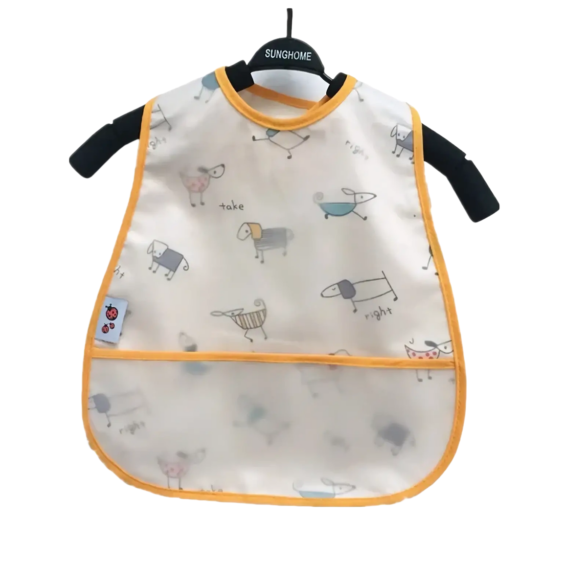 Transparent waterproof baby bib with cartoon dog pattern in gray pink and blue on off-white with yellow trim