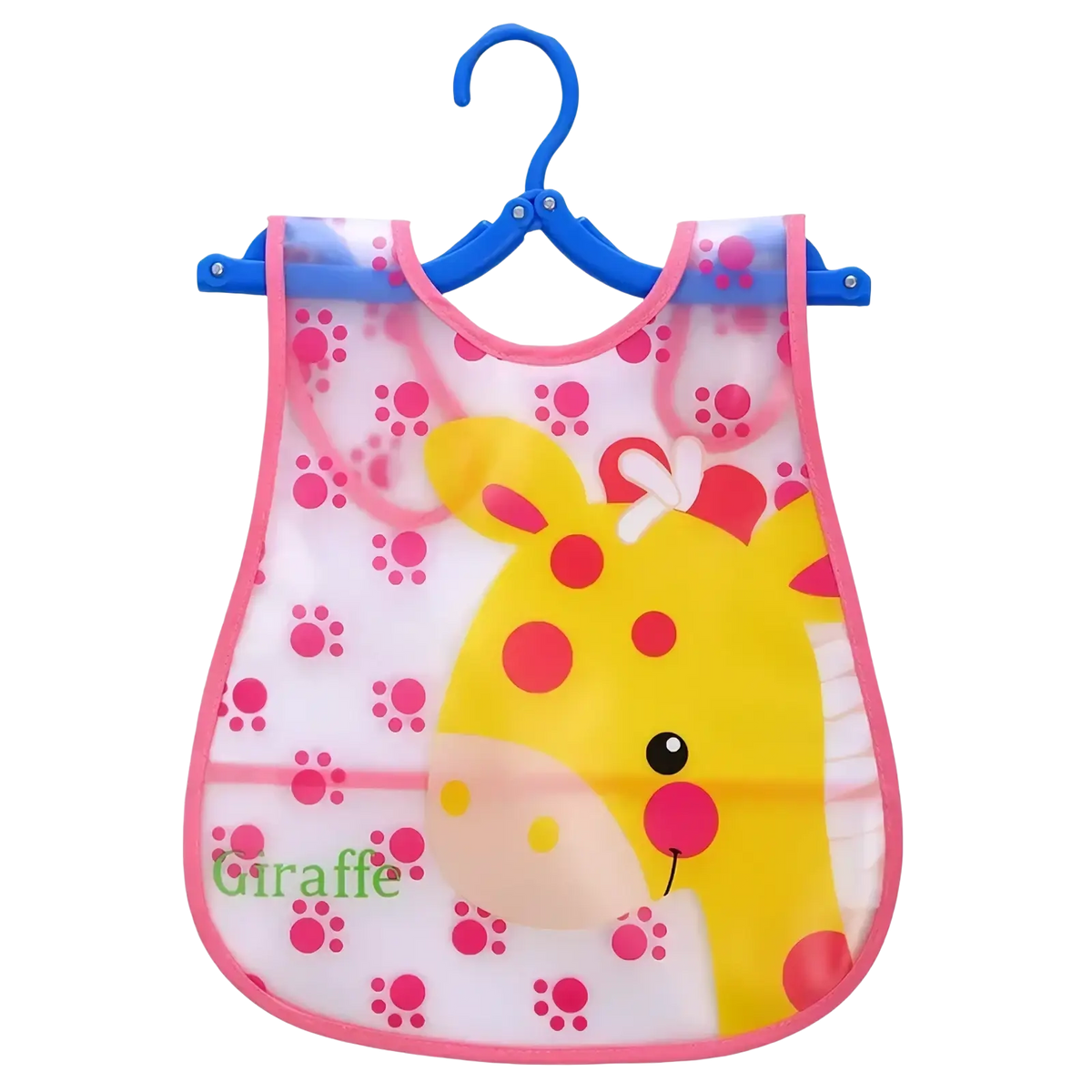 A transparent pink-trimmed waterproof eva baby bib with a cheerful yellow giraffe and pink paw prints