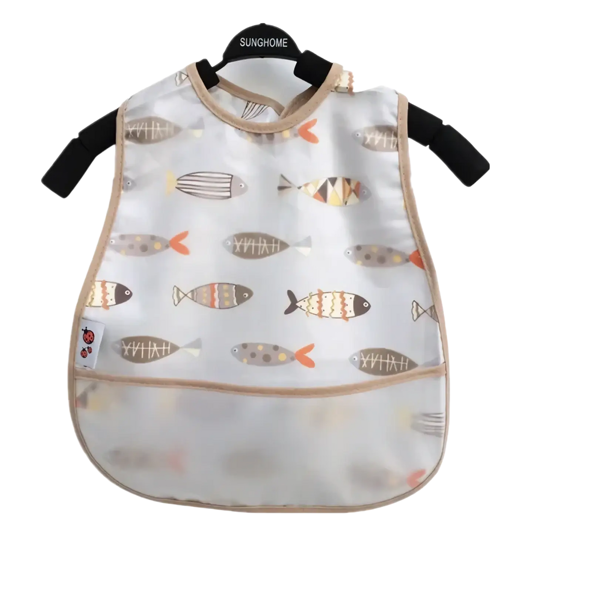 Transparent plastic waterproof baby bib with playful fish pattern in earthy tones and black beige trim for feeding
