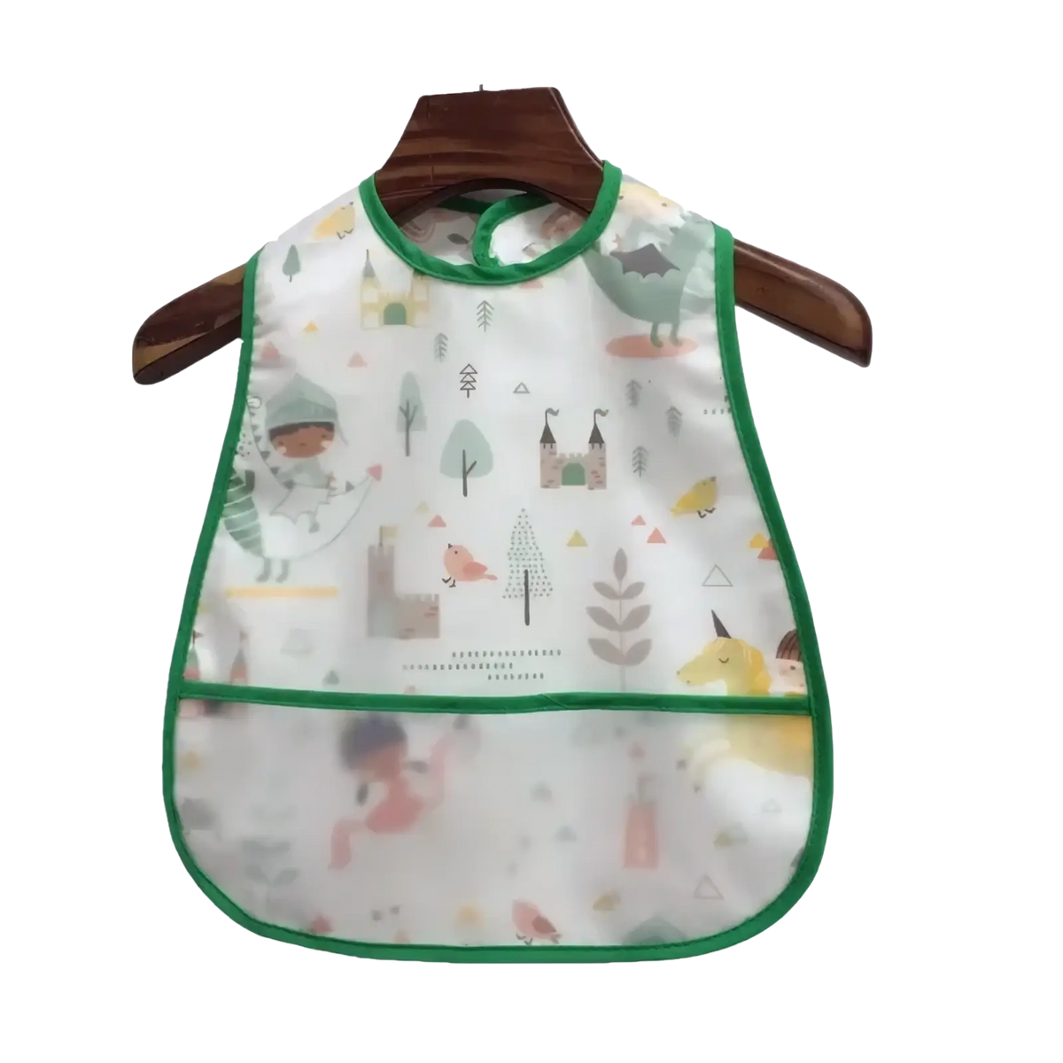A white waterproof baby bib with green trim and whimsical forest print suitable for feeding and apron use