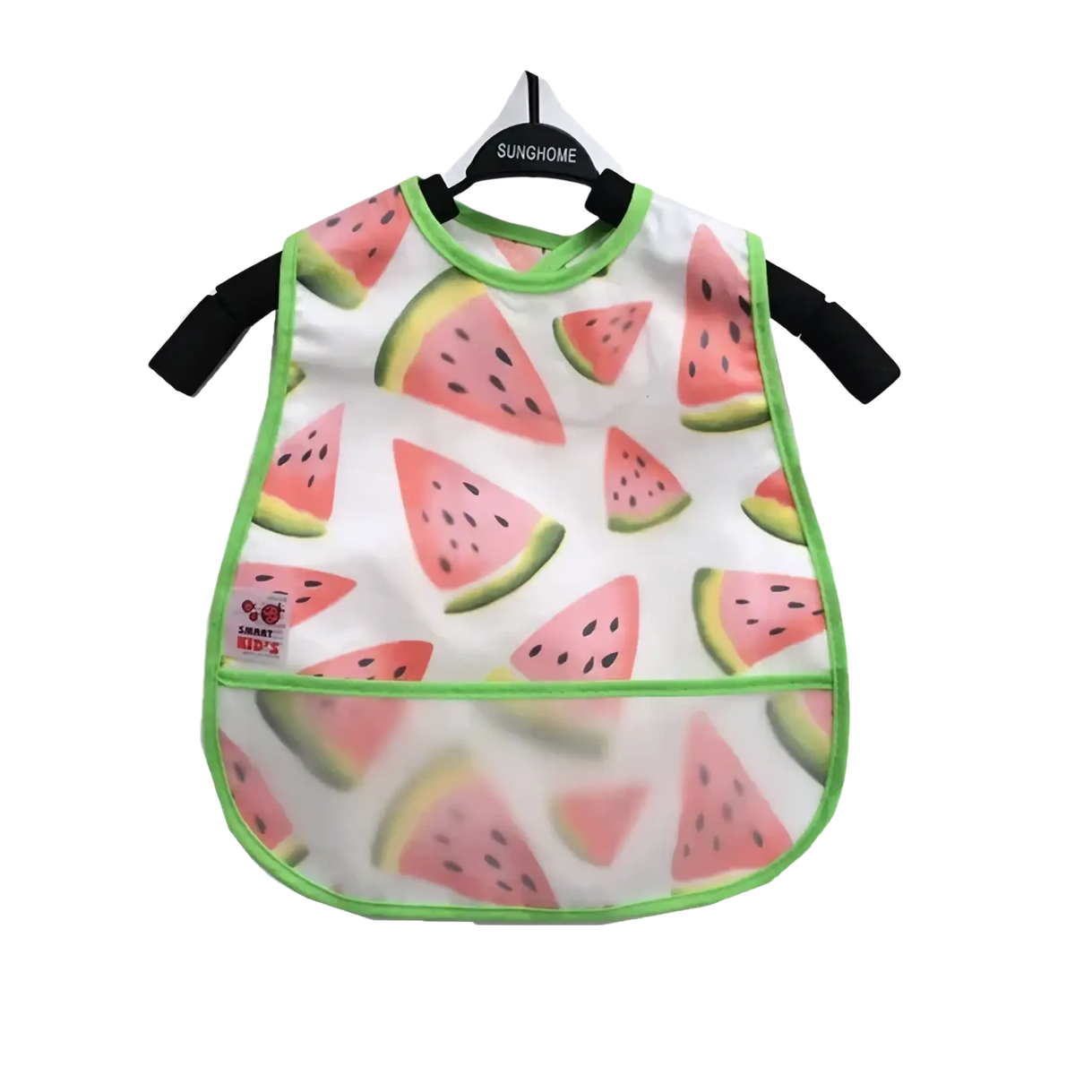 Waterproof baby bib white eva material with playful watermelon pattern bright green trim and short black sleeves
