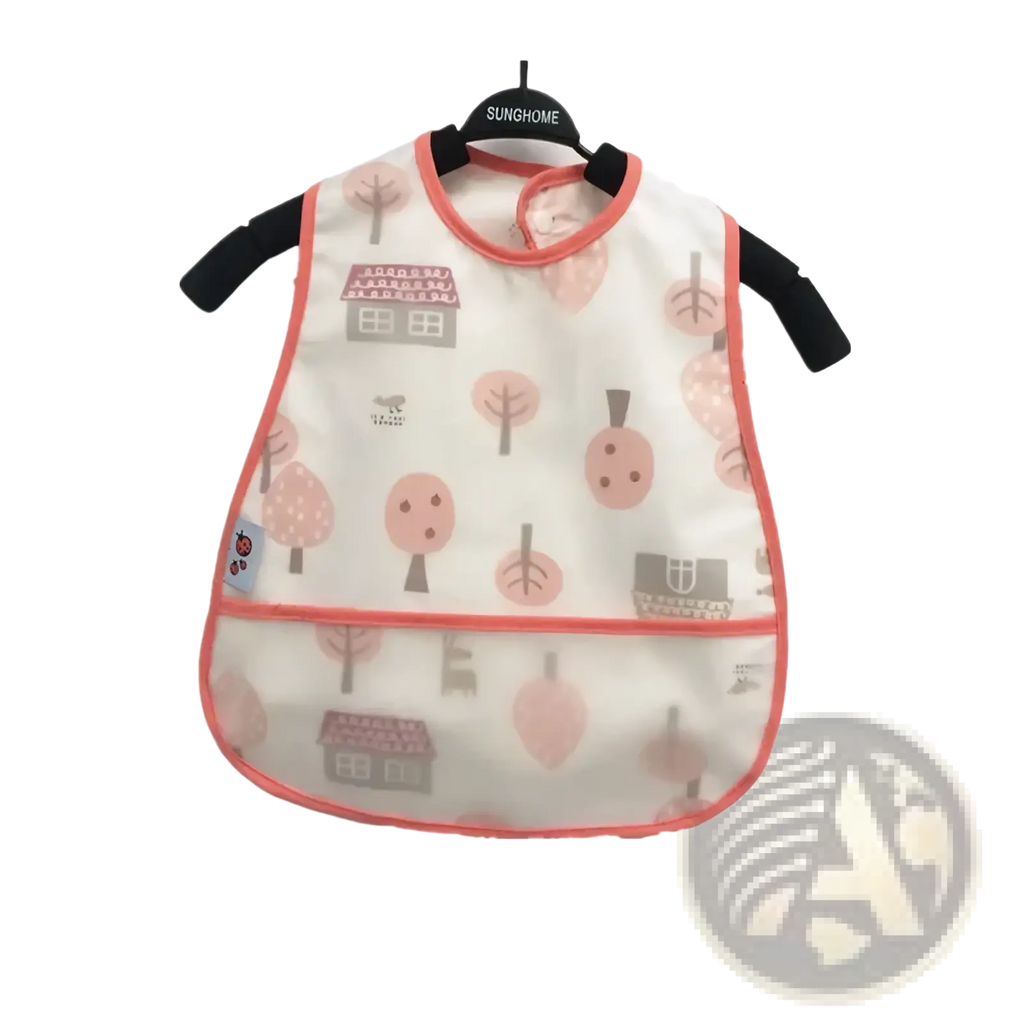 White waterproof baby bib with pink trees gray houses ladybugs coral trim from eva cartoon feeding apron series