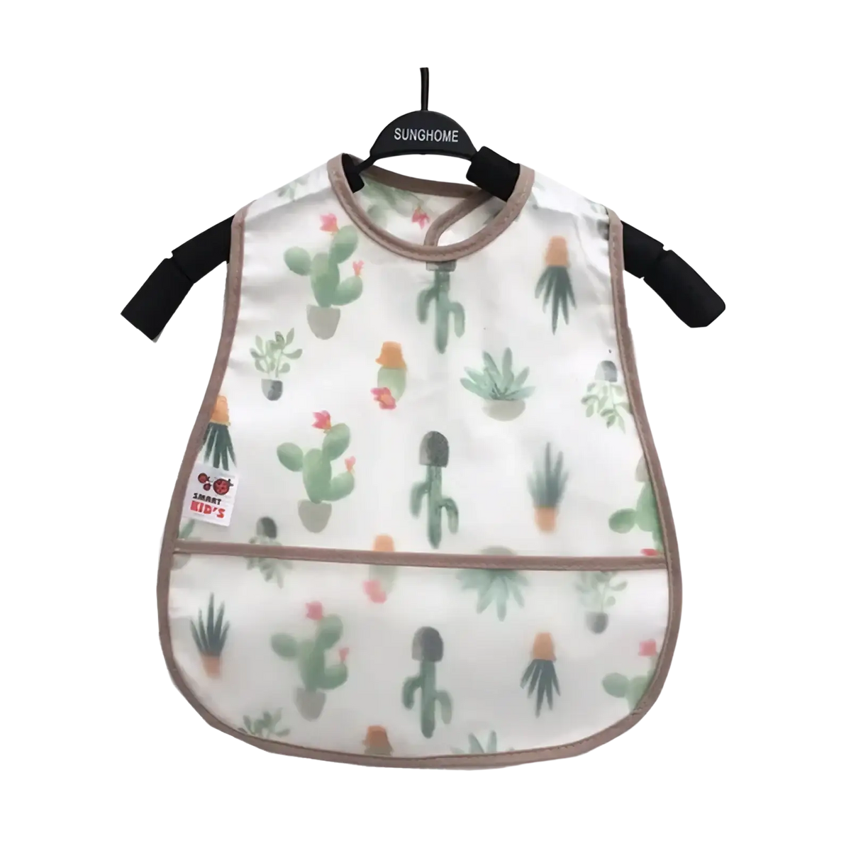 White waterproof baby bib with cactus pattern beige trim and black adjustable straps for feeding protection