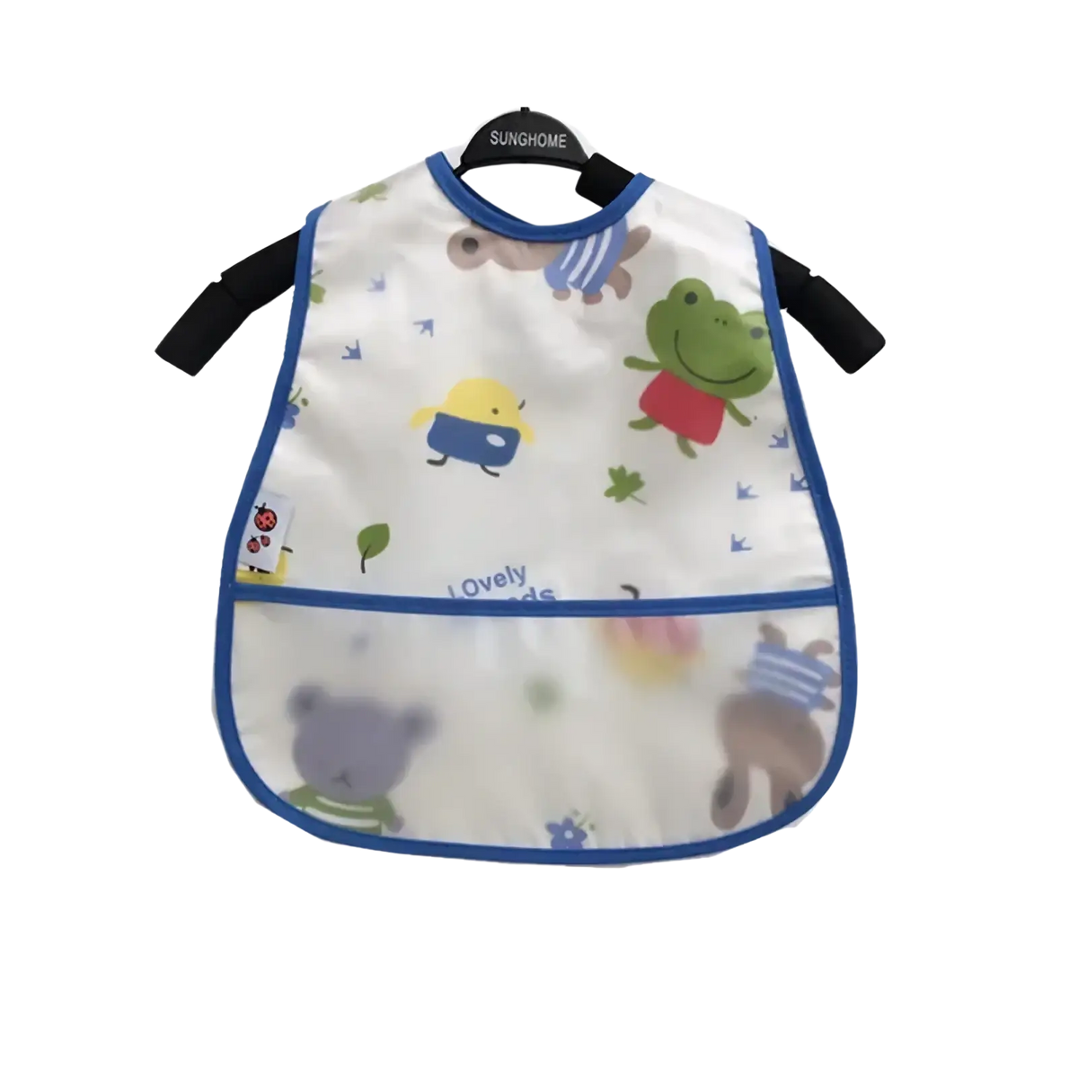 White waterproof baby bib with blue trim cartoon animal prints and transparent front pocket made of eva material