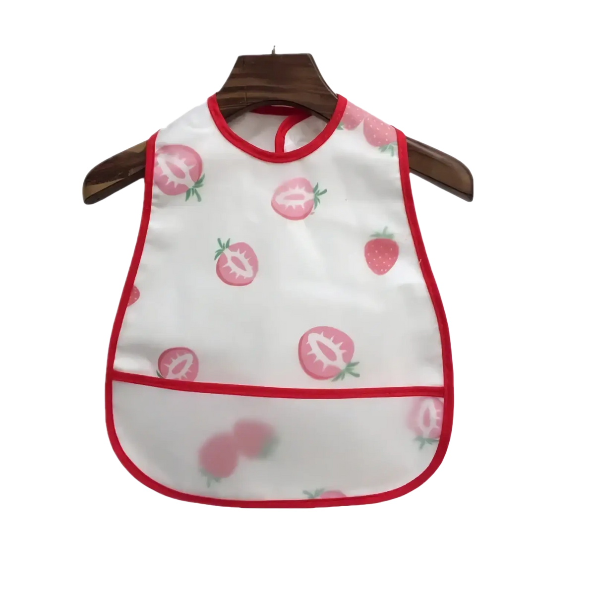 Waterproof baby bib white with strawberry pattern red trim front pocket eva cartoon feeding apron