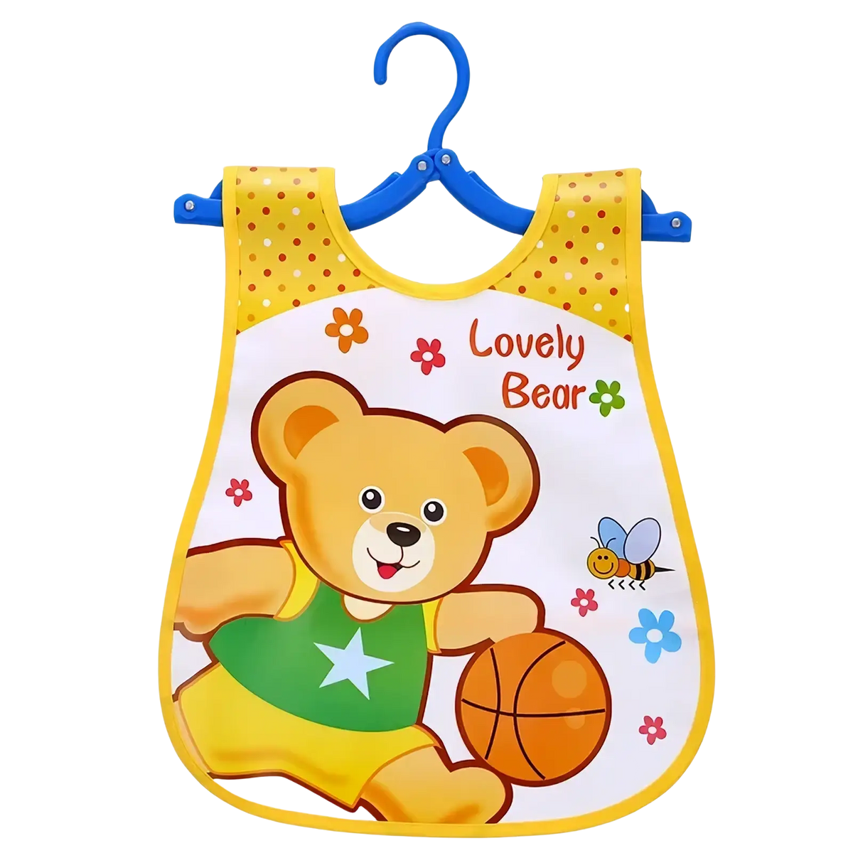 Yellow and white waterproof baby bib with cartoon bear design and polka dot shoulder straps for feeding use