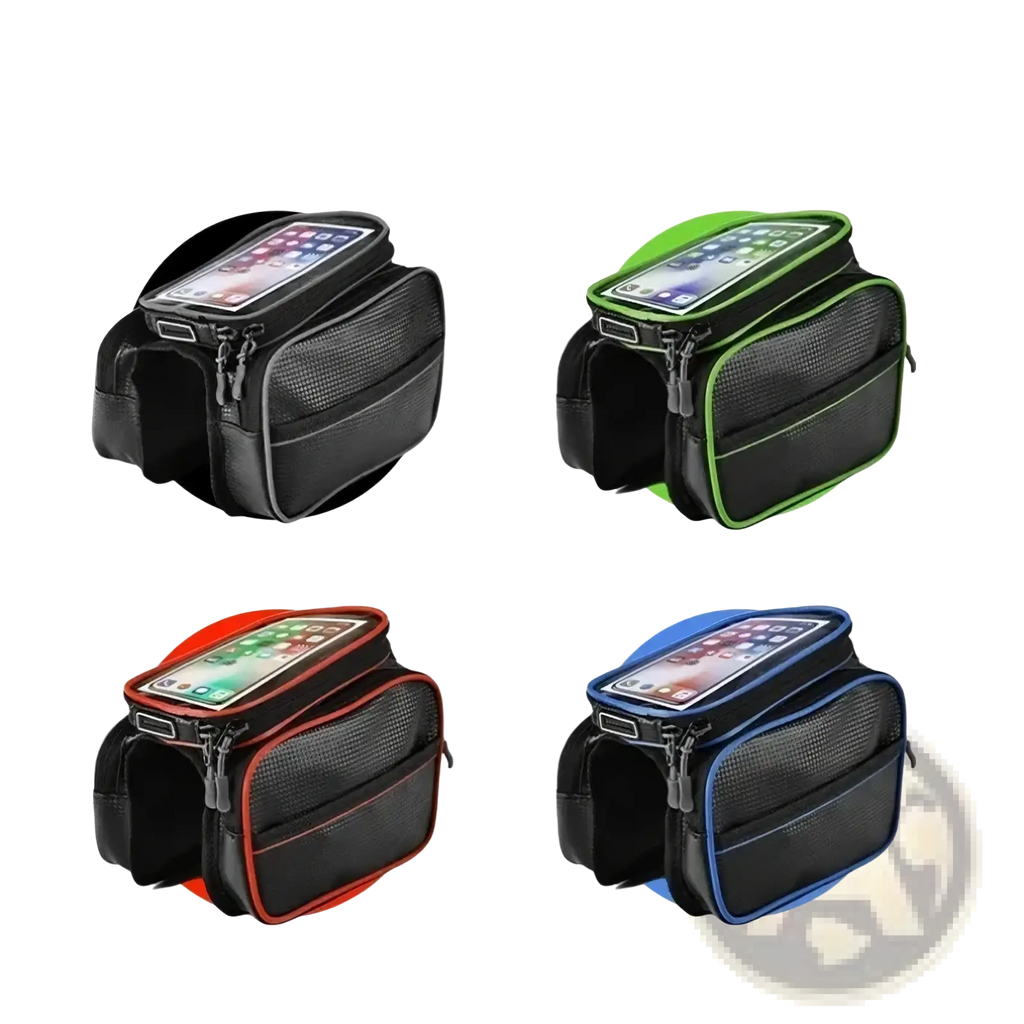 Waterproof bicycle handlebar phone bag with black frame-mounted holder and mesh panels trimmed in green red or blue
